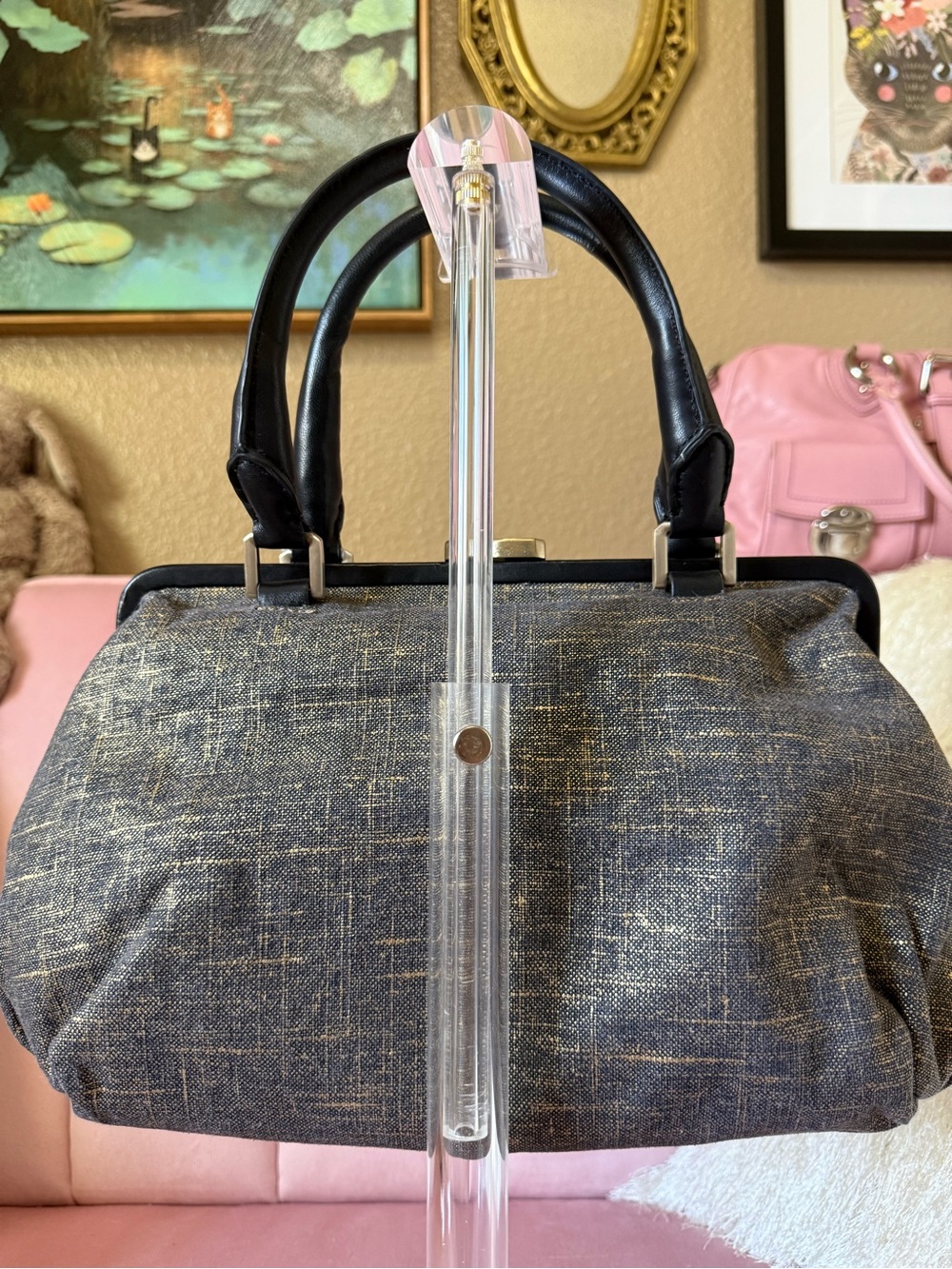 Halston Heritage Brushed Denim/Gold Doctors Bag w Leather Trim & Gold Hardware - Picture 4 of 16